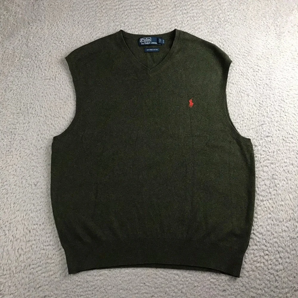 Polo Ralph Lauren Sweater Vest Mens L Green Pima Cotton Knit V-Neck Pony Logo